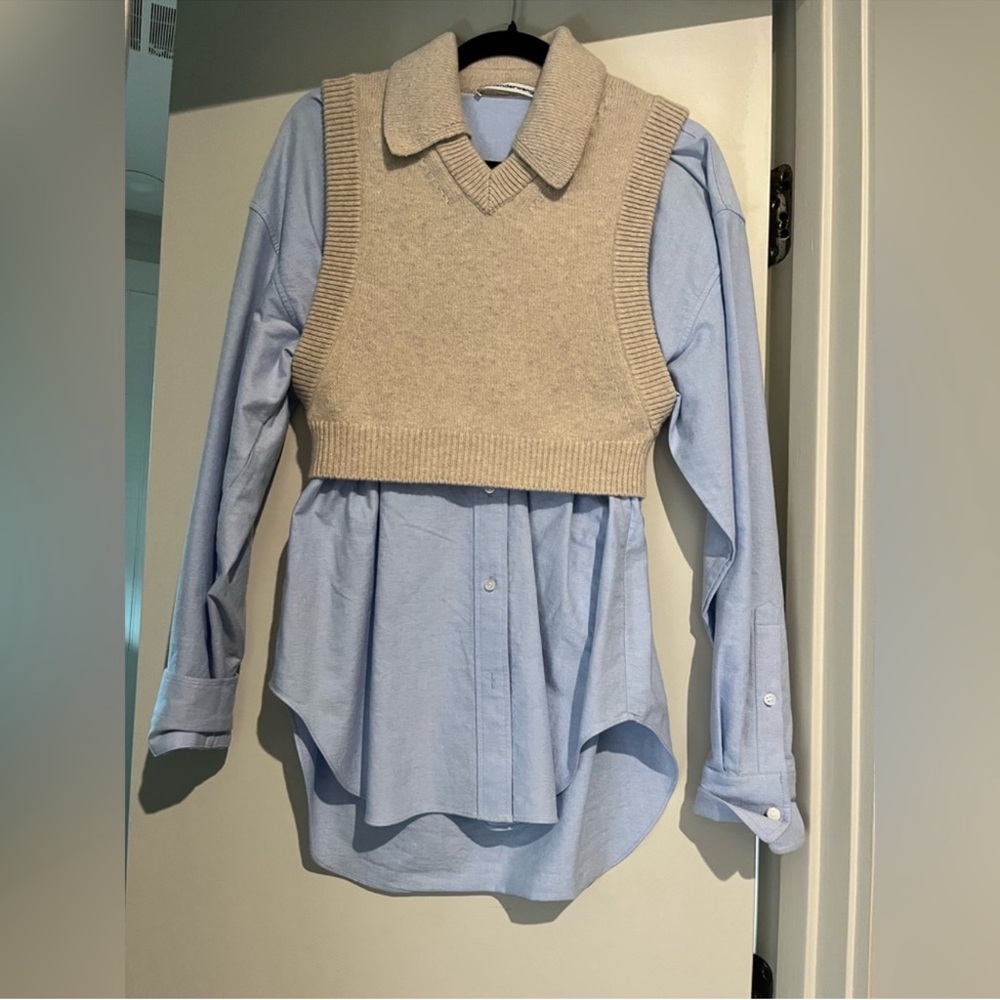 Alexander Wang Cream bilayer Knit Vest with Light Blue Shirt